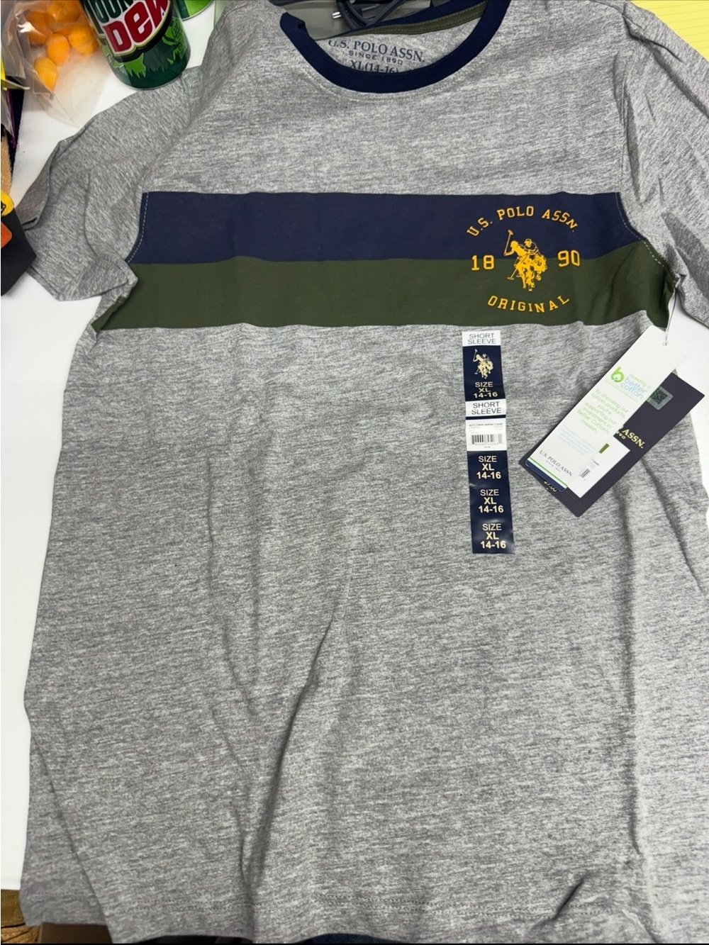 U.S. Polo Assn. Gray Tee with Navy & Olive Chest Stripes and Yellow Logo